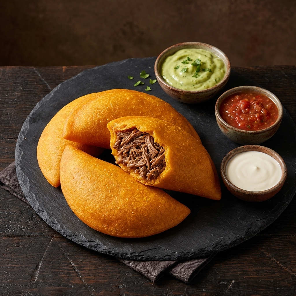 Smooth-edge Venezuelan corn dough empanadas with three dipping sauces