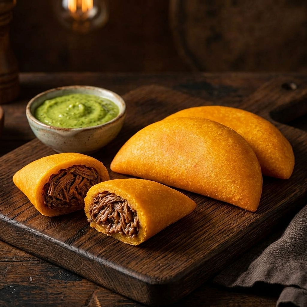 Handmade Venezuelan fried empanadas with smooth corn dough edges, served with guasacaca sauce